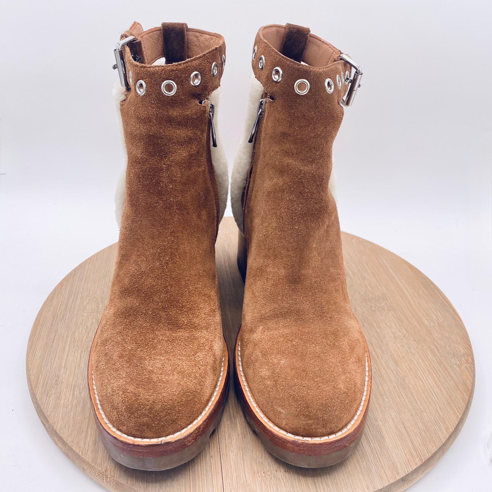 Sigerson Morrison Boots 8 Brown Suede Ankle Booties Shearling Italy