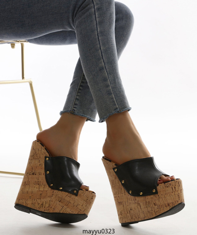Women’s Peep Toe Rivet Wedge High Heel Platform Slip On Sandals Studded Shoes