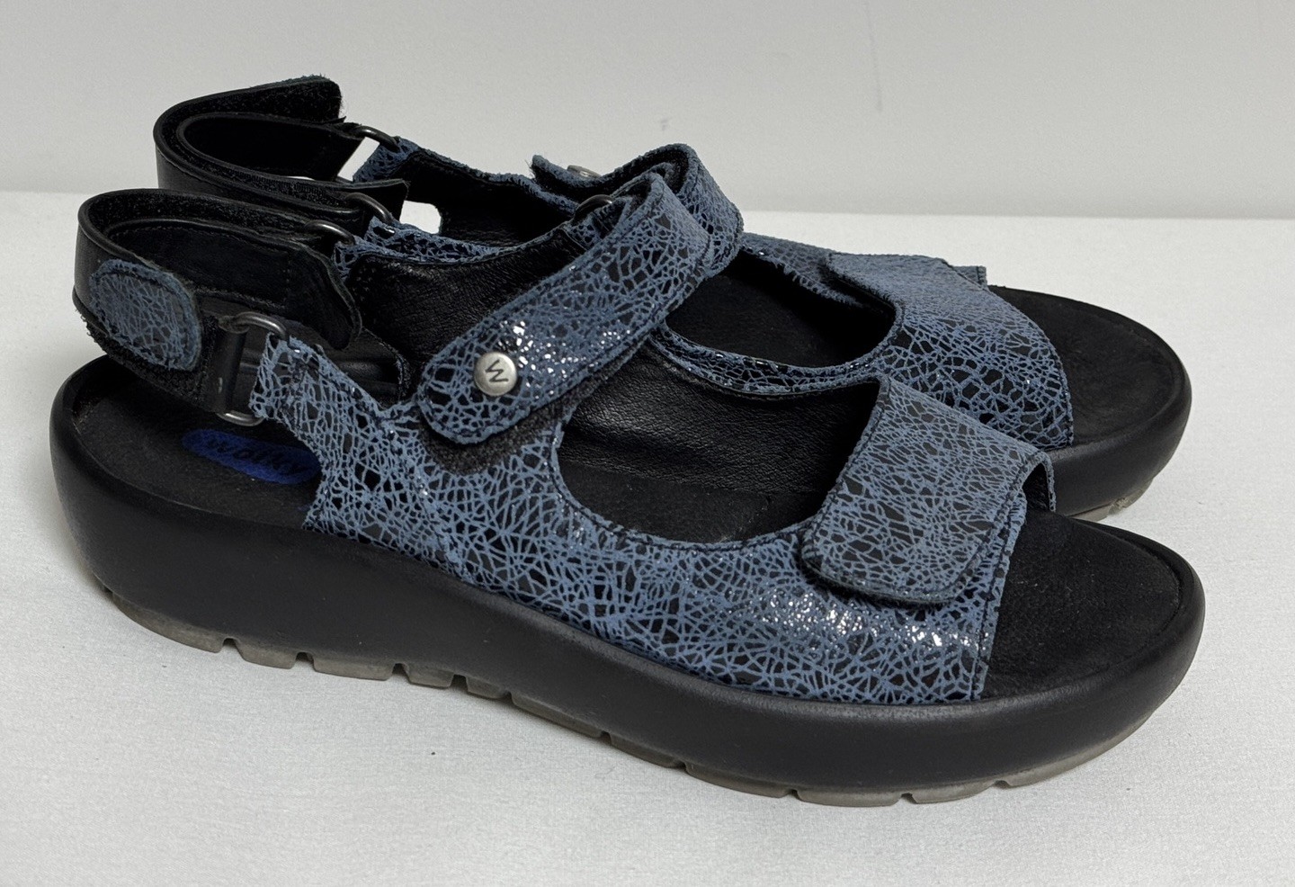 Wolky Rio Women’s Denim Crash Blue Leather Platform Sandals Sz 39