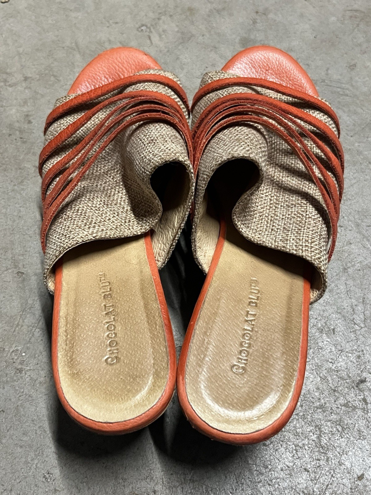 RARE Chocolate Blu Wapi orange & beige woven textile leather wedge sandals 8 M