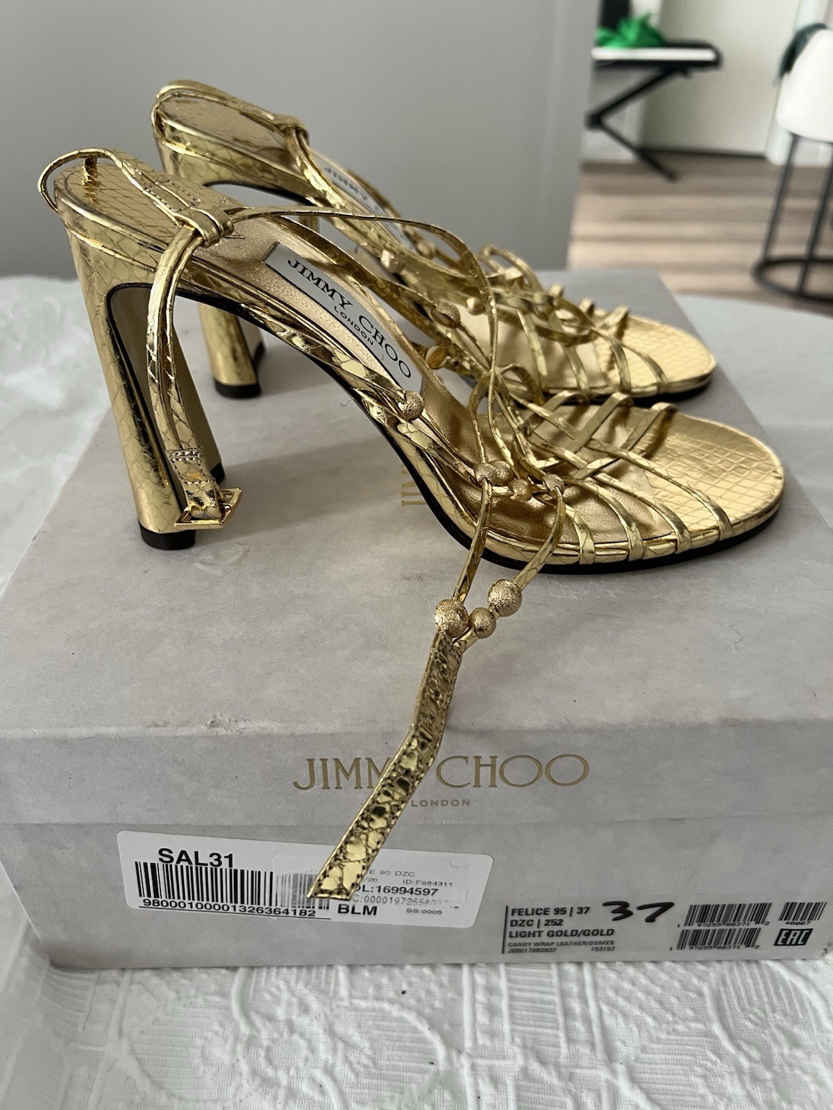 Jimmy Choo Felice 95 NWB Gold Leather Strappy Ankle Strap Heel Sandals EU 37