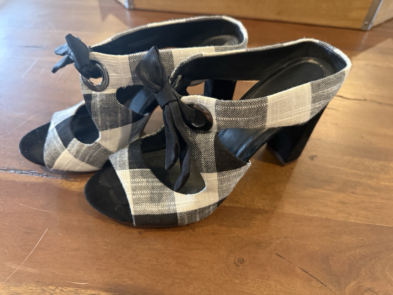 AD & Daughter Womens US 8 Black White Plaid Open Toe Bow Tie Block Heels