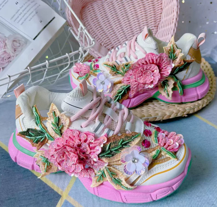 Floral Womens Platform Floral Lace Up Sequins Beaded Creeper Casual Sport Shoes