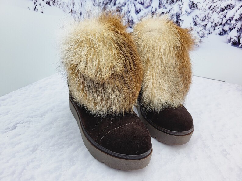 Women’s Brown Suede Ankle-High Fox Fur Boots, Handmade by LITVIN
