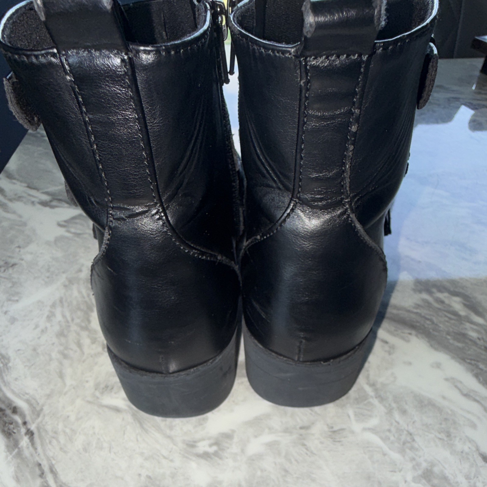 Black Leather Ankle Bootie Multi-Buckle Straps Studded Zip Round Toe 10