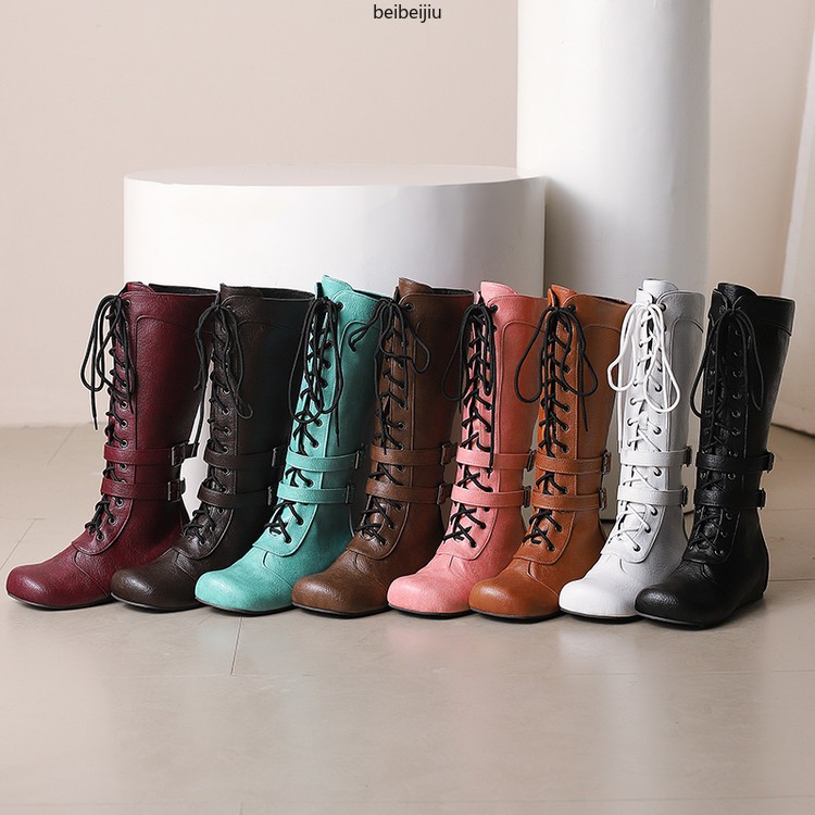 Women’s Mid Calf Hidden Wedge Heel Boots Lace Up Buckle Casual Shoes 48/49/50