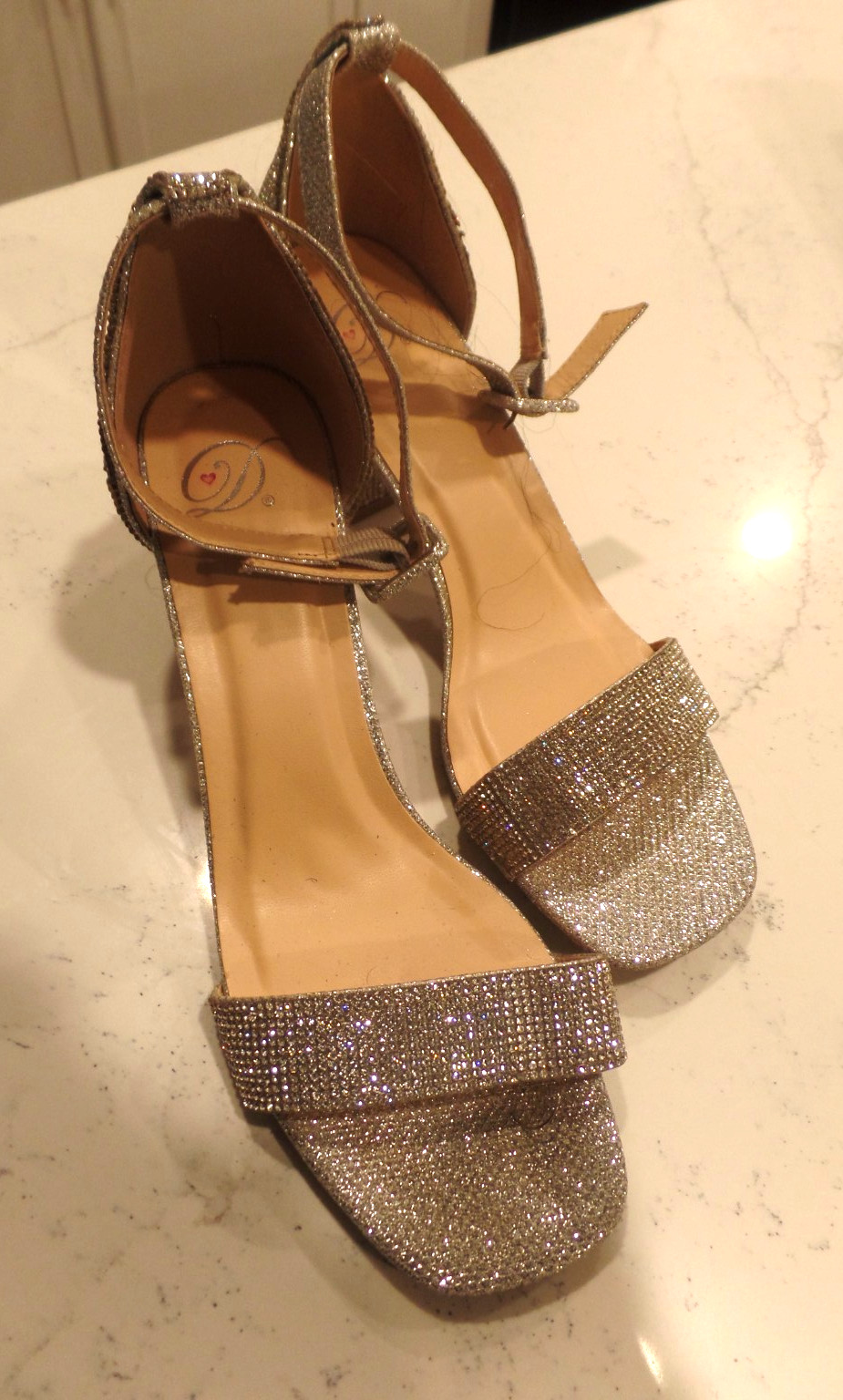 LADIES, SILVER, HIGH HEEL SHOES, WORN ONCE INSIDE, SIZE 9