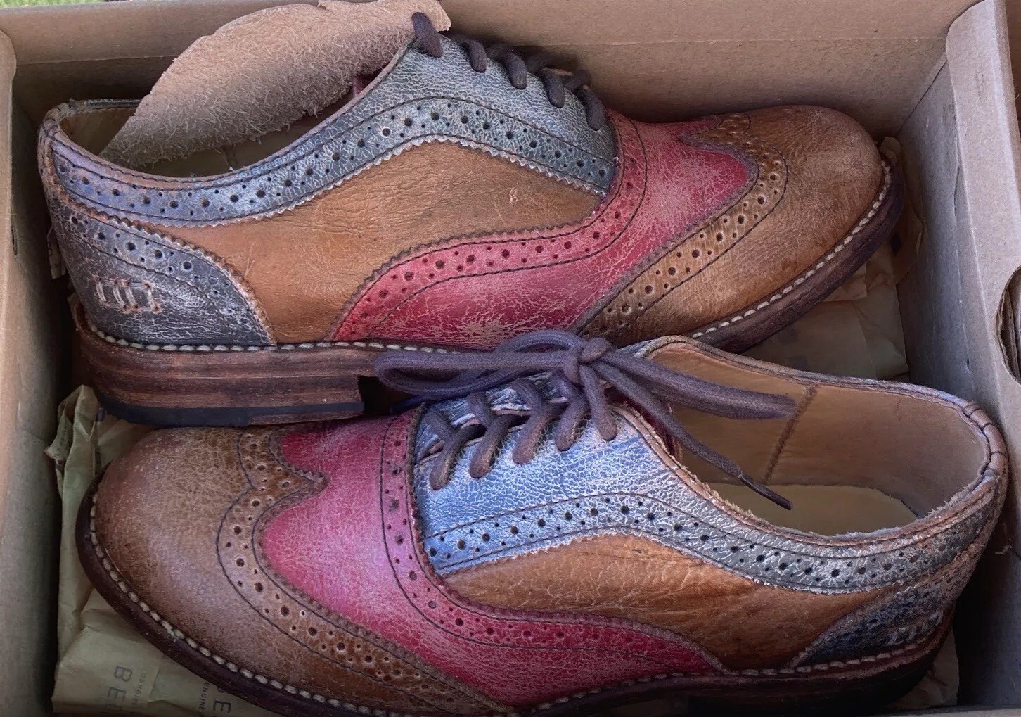 Bed|Stu Lita Red(pink)/Caramel(tan)/ Silver Lux(Blue)Leather Handmade Oxford 7.5