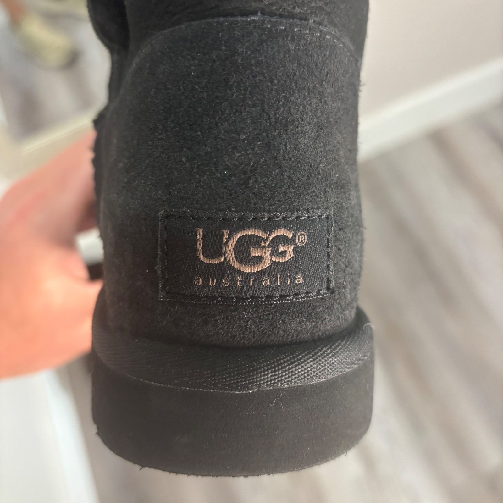 UGG Australia Bailey Button Black Suede Sheepskin Mid Calf Boots Womens size 7