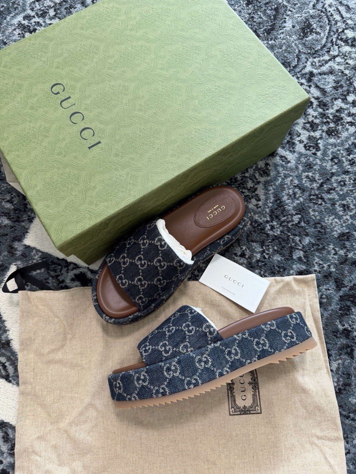 New!!! Gucci New Denim GG Monogram Angelina Platform 55mm Slide Sandals 37.5