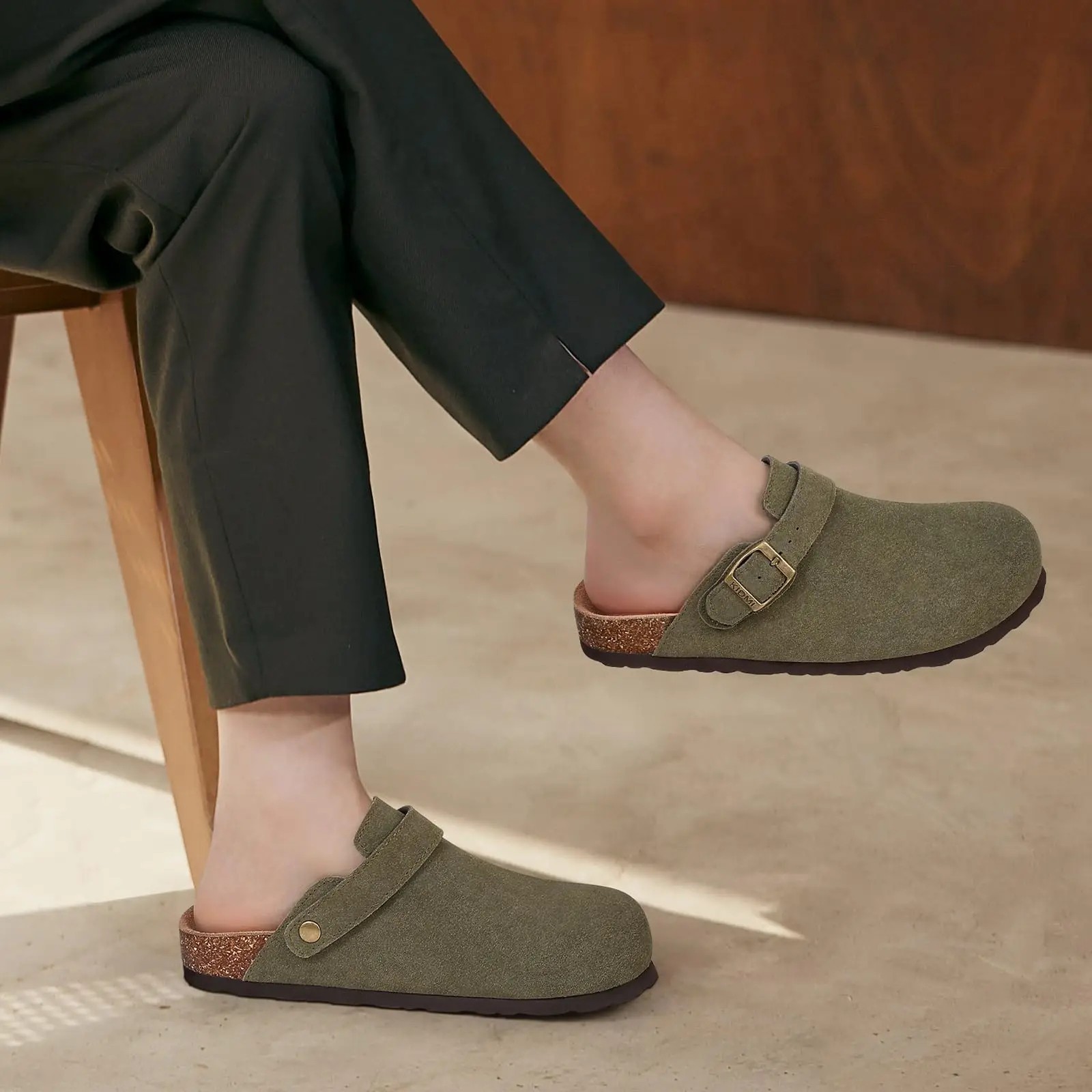 Women’s Suede Clogs with Adjustable Strap Adult Fashion Cork Footbed Leather Mul