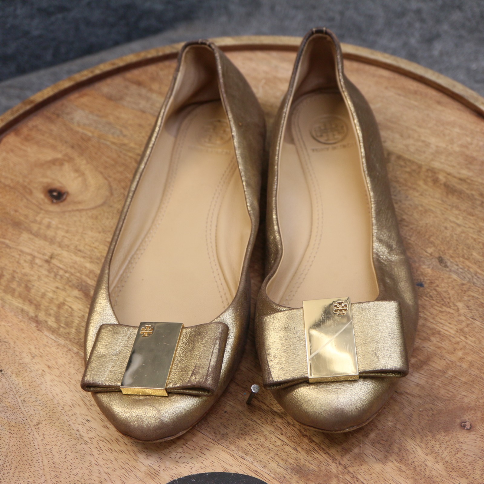 Tory Burch Chase Ballet Flats Size 8 M Metallic Gold Leather Bow Slip On Shoes