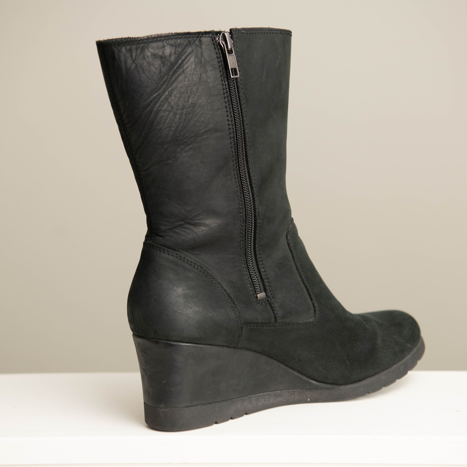 UGG Sz 9 Mid-Calf Wedge Boots Black Leather Minimalist Chic Quiet Luxury