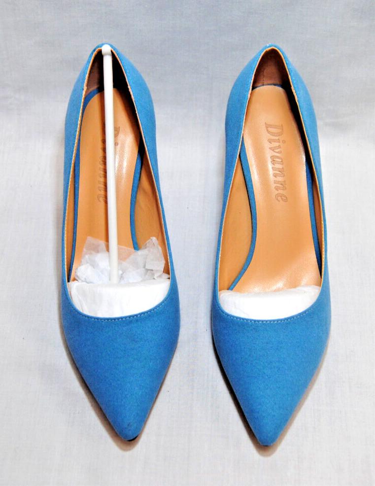 Divanne Womens Middle Heel Stiletto Shoes Pointy Toe Slip-On Pumps Blue T2367