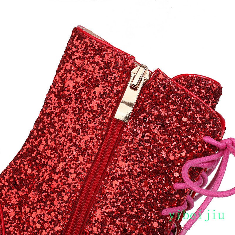 Women’s Glitter Sequins Ankle Boots Lace Up Performance Cosplay Shoes Plus Size