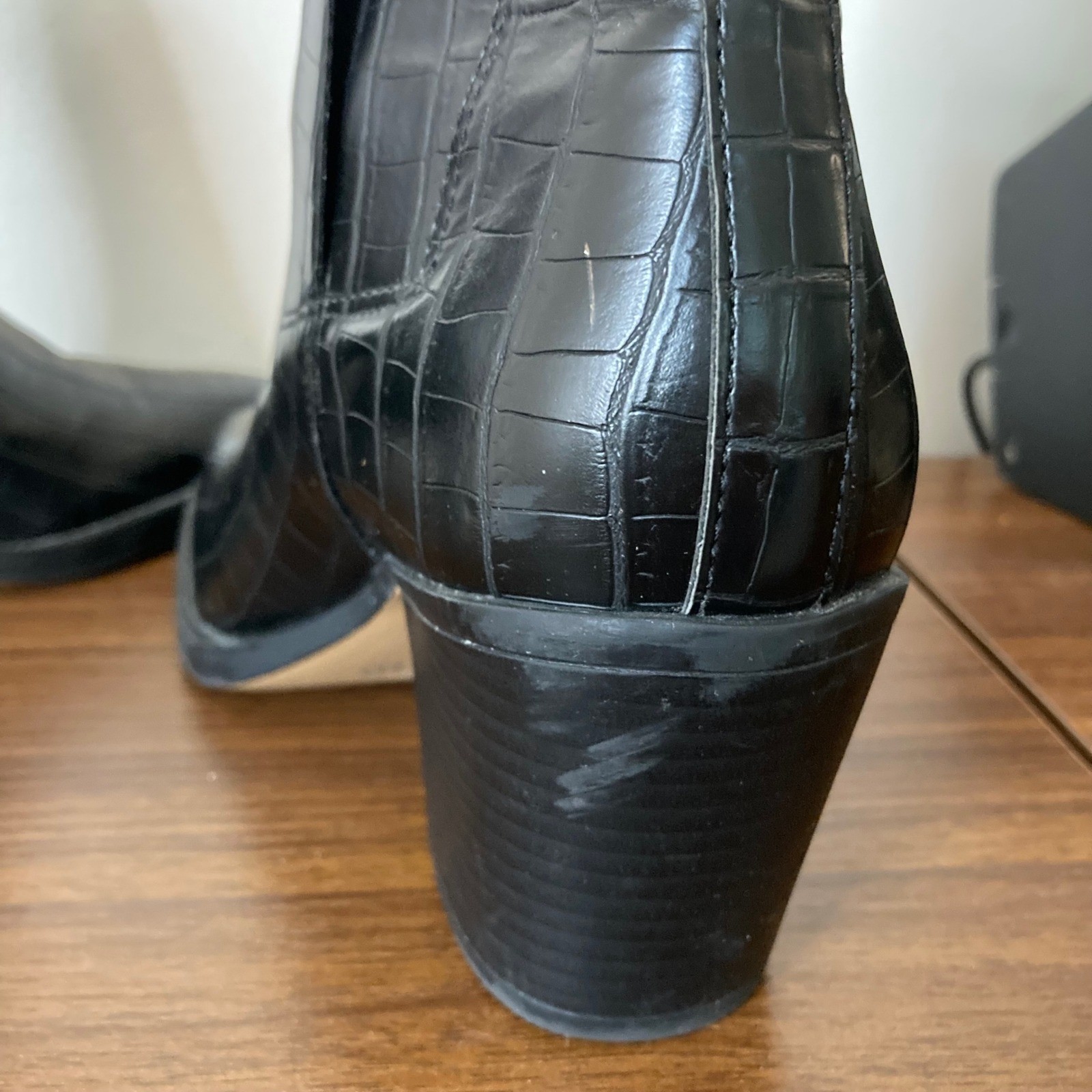 Croc Embossed Square Toe Block Heel Black Ankle Boot 40 Truffle Collection Moto