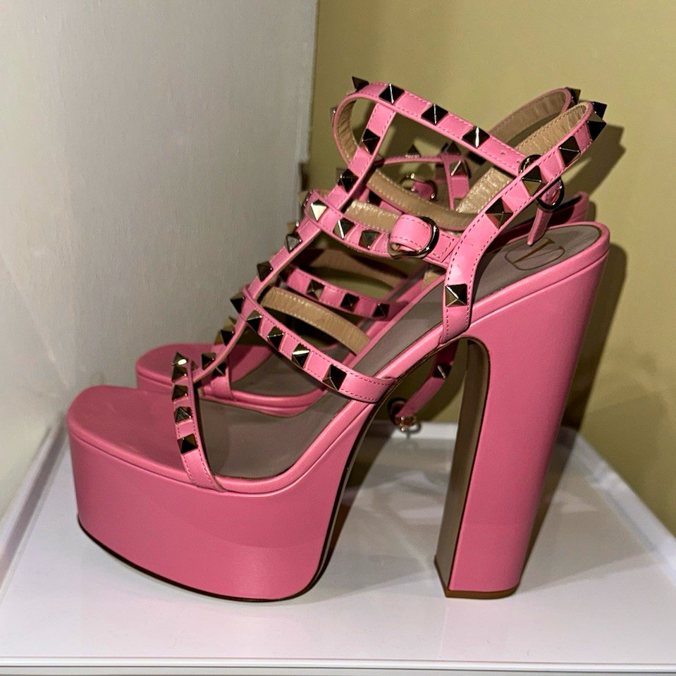 Valentino Women’s Pink Leather Platform Block Heel Studded Ankle Strap 11