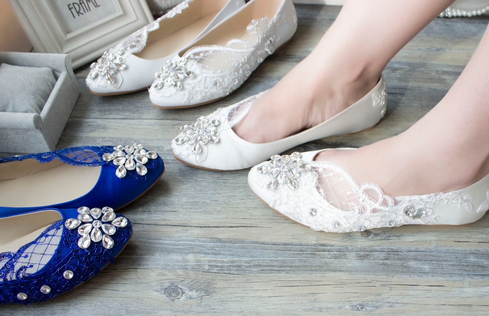 Satin White Ivory Blue Lace Gem Lady Wedding Formal Bridal Bridemaid Flat Shoes