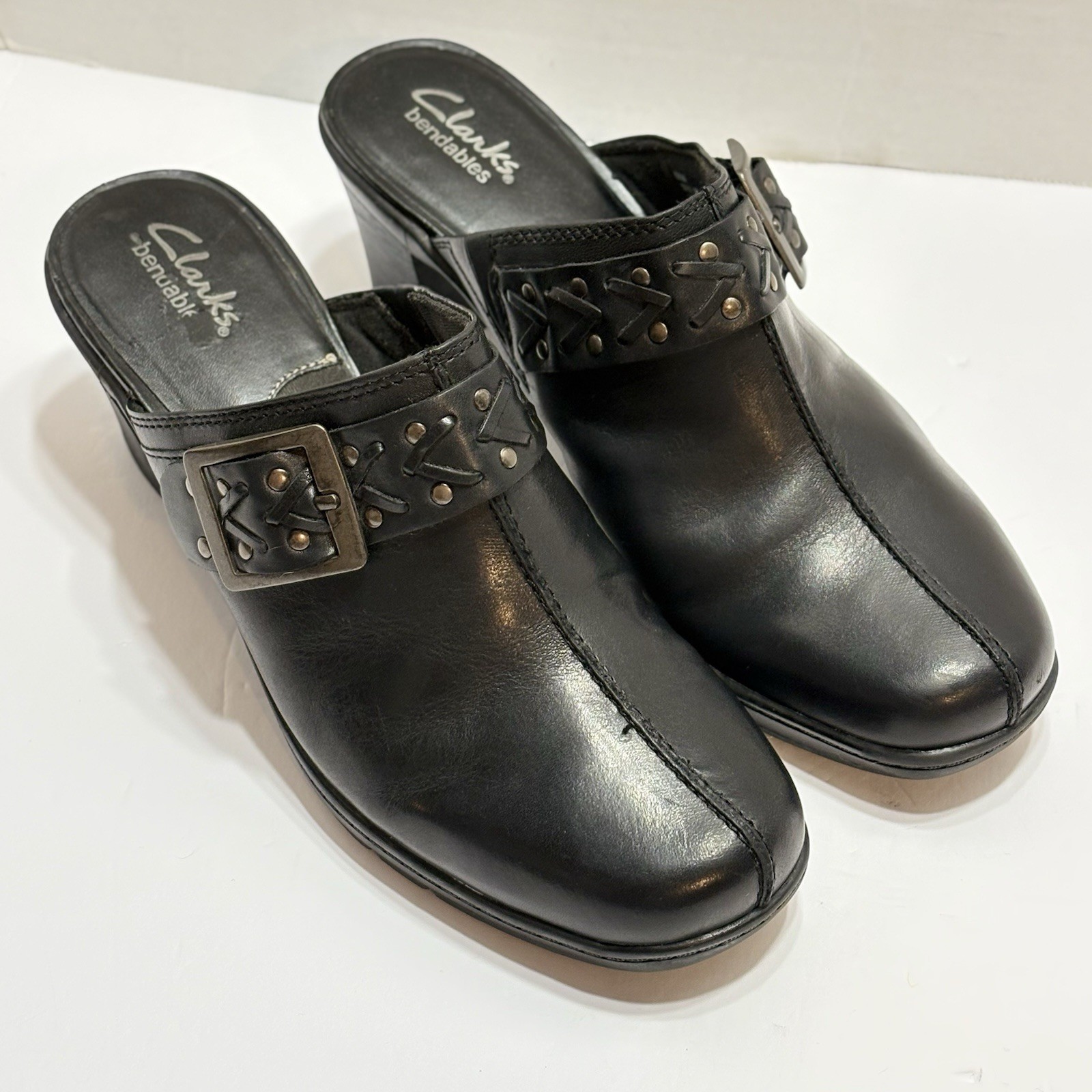 Clarks Bendables Black Leather Mule Clog Business Casual Shoe 83544 Women 9.5M