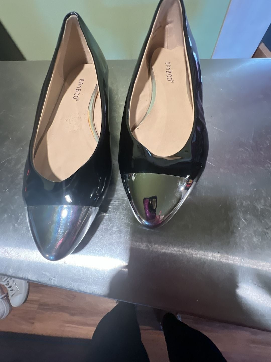 Bamboo Black Patent Pointed Toe Flats with Metallic Silver Cap Toe