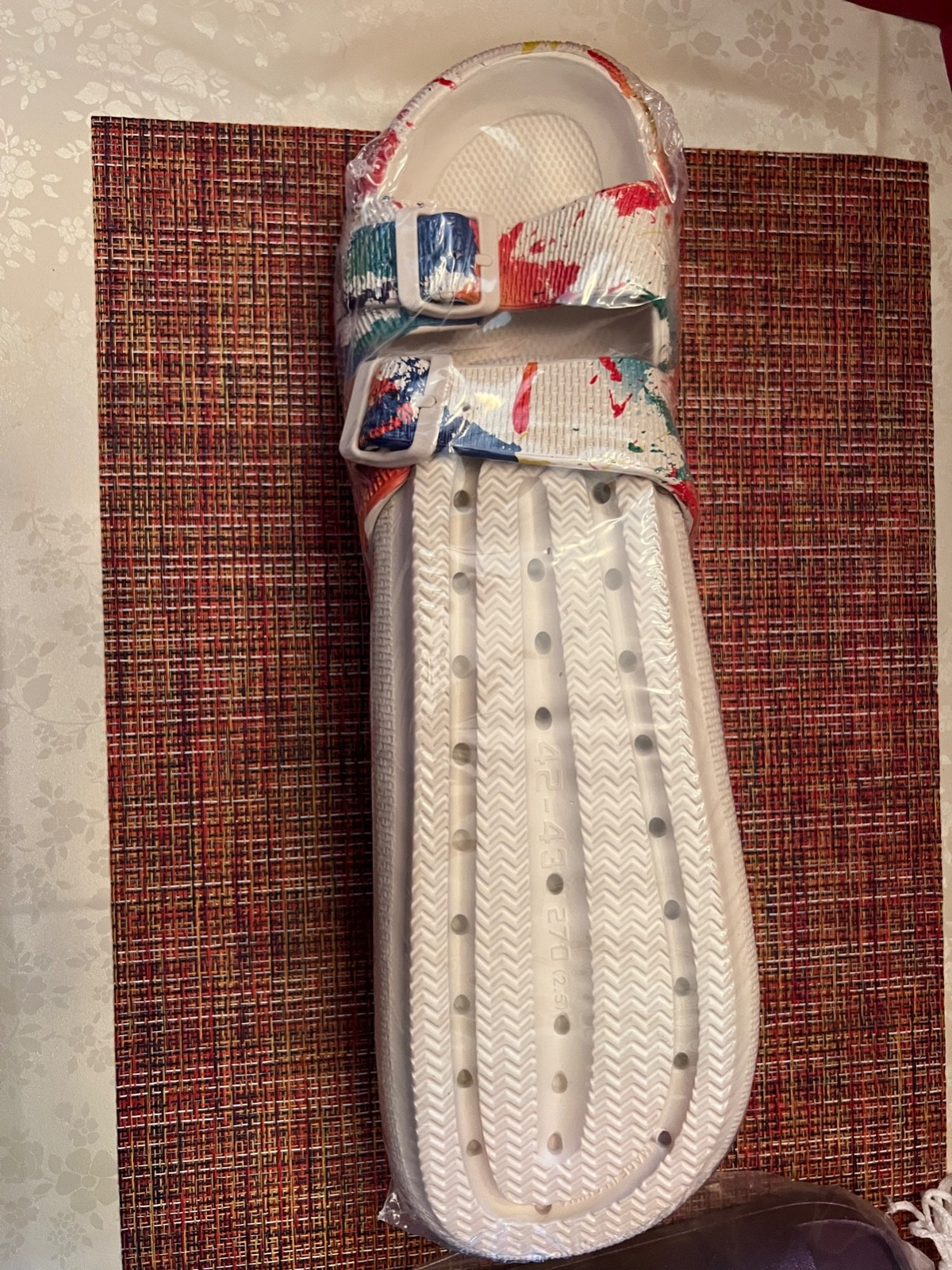 Sandals Soft Cushion, Multi color, Two Strap Slides , Sz 11, Unopened Pkg