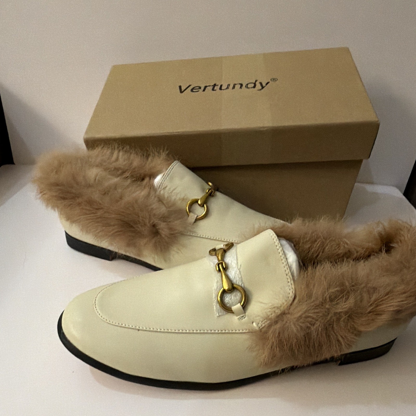 Vertundy Women’s Mule Slippers Faux Fur Lined Beige/Brown Slip-On Buckle