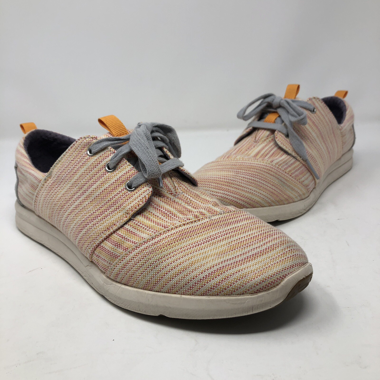 Toms Shoes Womens 9.5 Orange Striped Del Rey Canvas Trainers Lace Up Sneakers