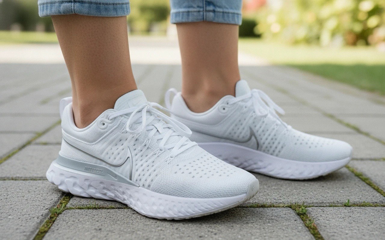 Nike Women’s React Infinity Run Flyknit 2 Sneakers in White/Silver. Size 9.5