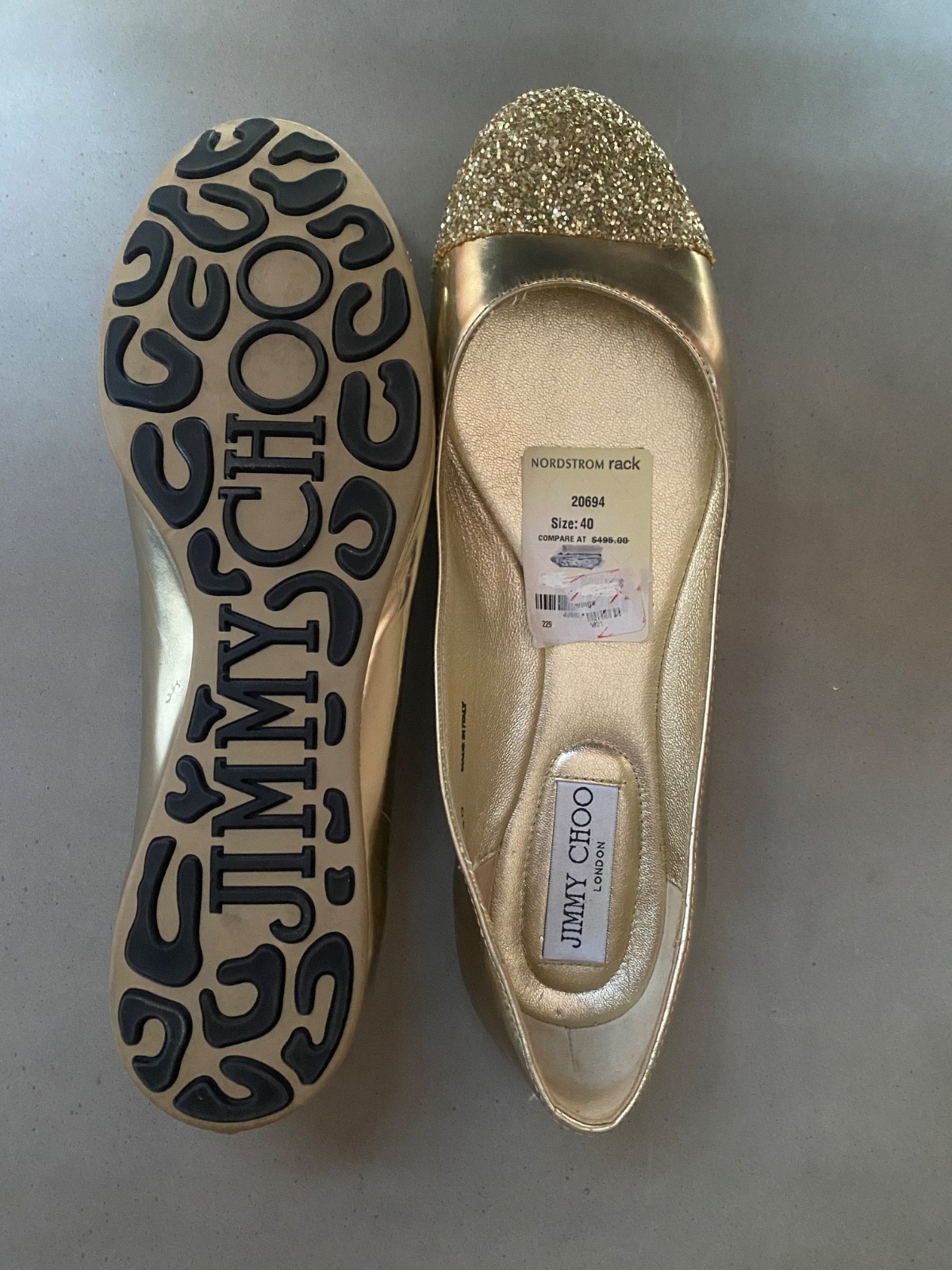 Jimmy Choo Whirl Champagne Glitter Logo Ballet Flats NWT EU40