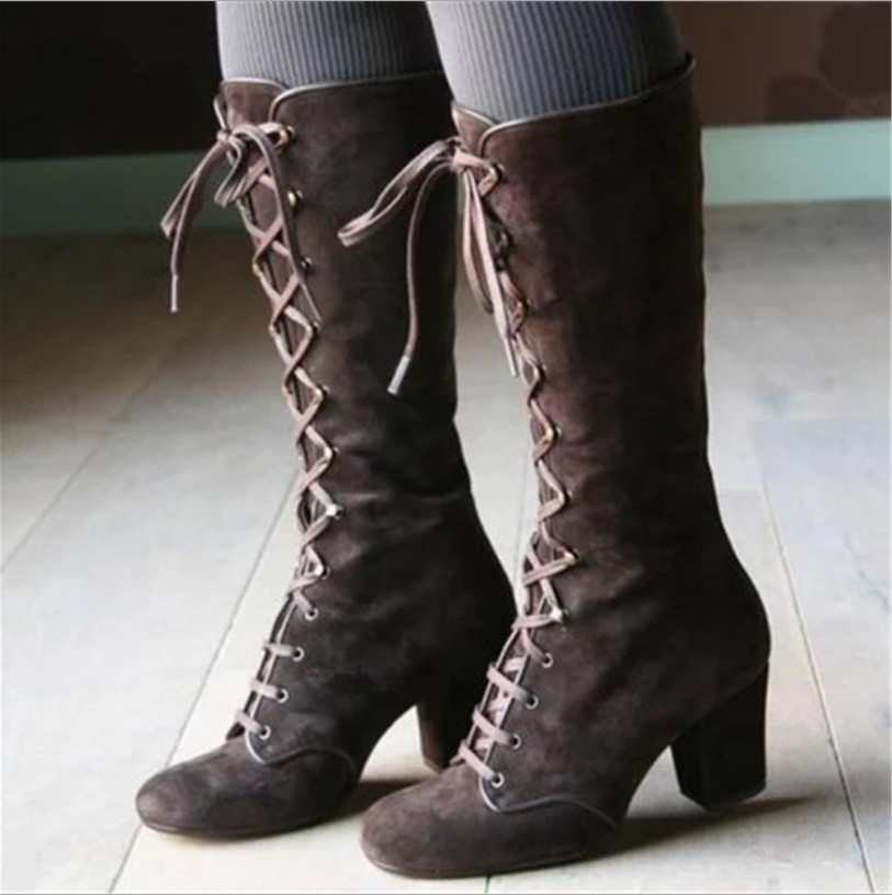 Retro Block Heels Womens Knee High Boots Steampunk Gothic Shoes Lace Up Booties