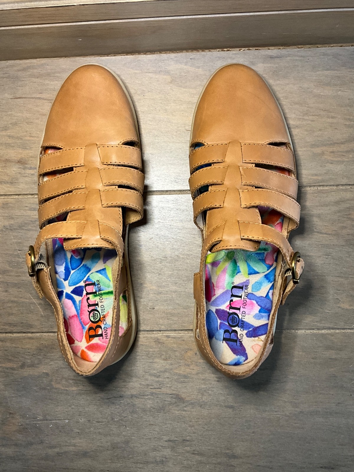 Born Caged Fisherman Sandal Flat W8.5 UK6.5 Tan Leather Huarache Boho EUC