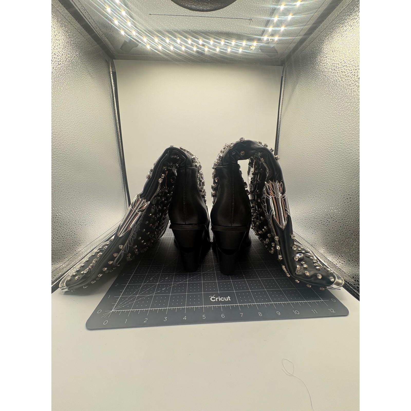 Black Rhinestone Studded Western Boots Silver Wing High Pointed Toe Block Heel