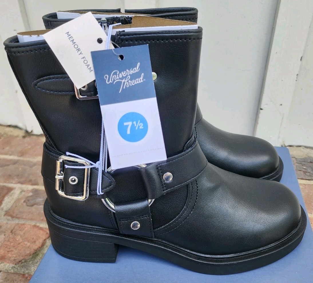 Universal Thread Women’s Connor Ankle Harness Buckle Boots Black, 7.5, NEW!!