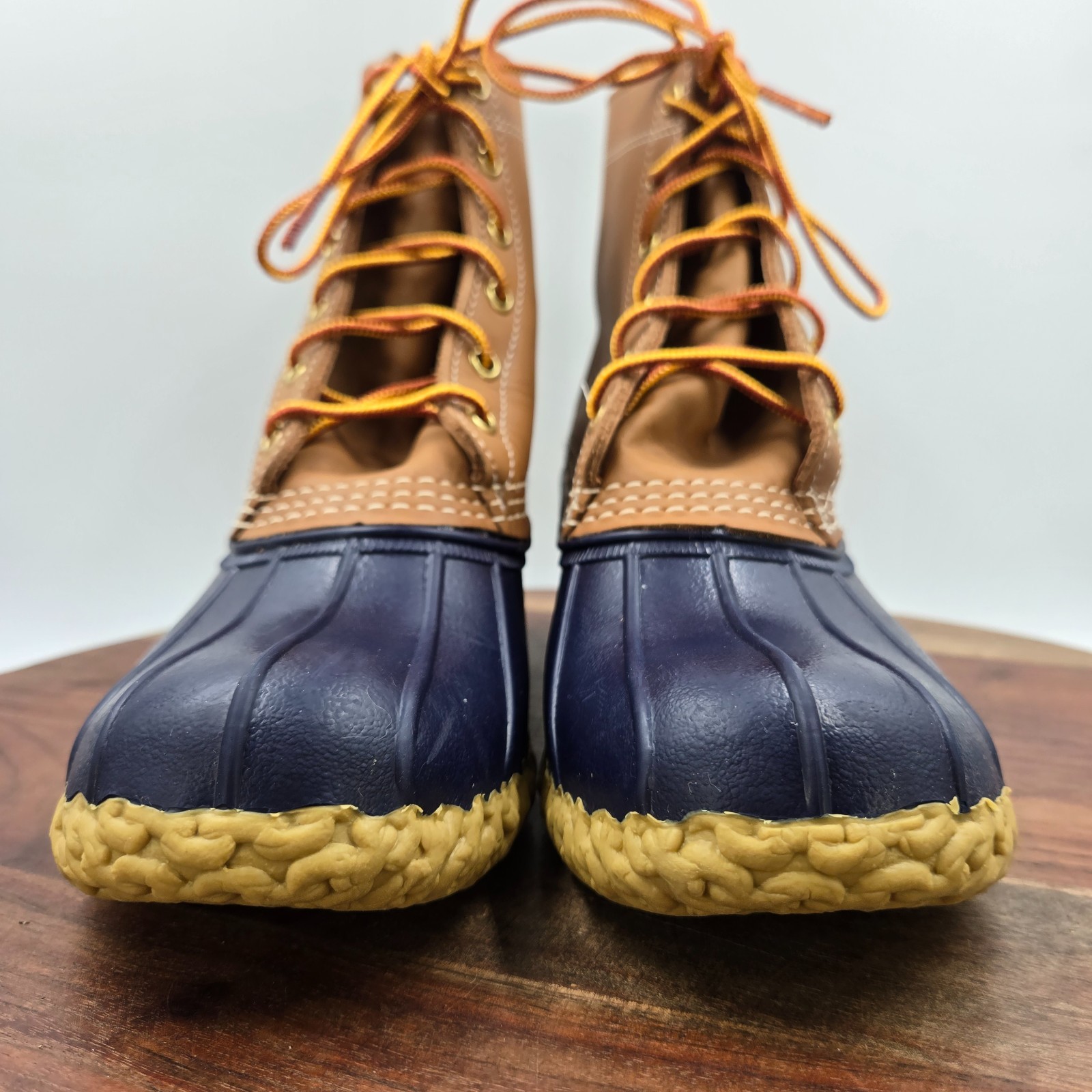 LL Bean Duck Boots Women’s 9M Tan Blue Leather Waterproof Rain Hunting USA Muck