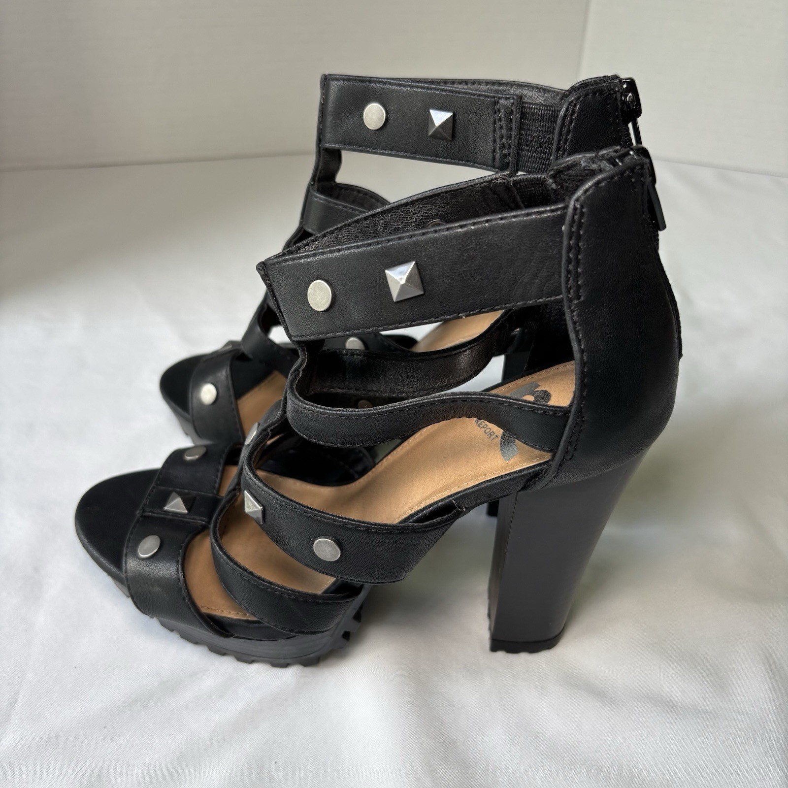 Report Women’s Black Studded Platform Open Toe Back Zip High Heels Size 5.5