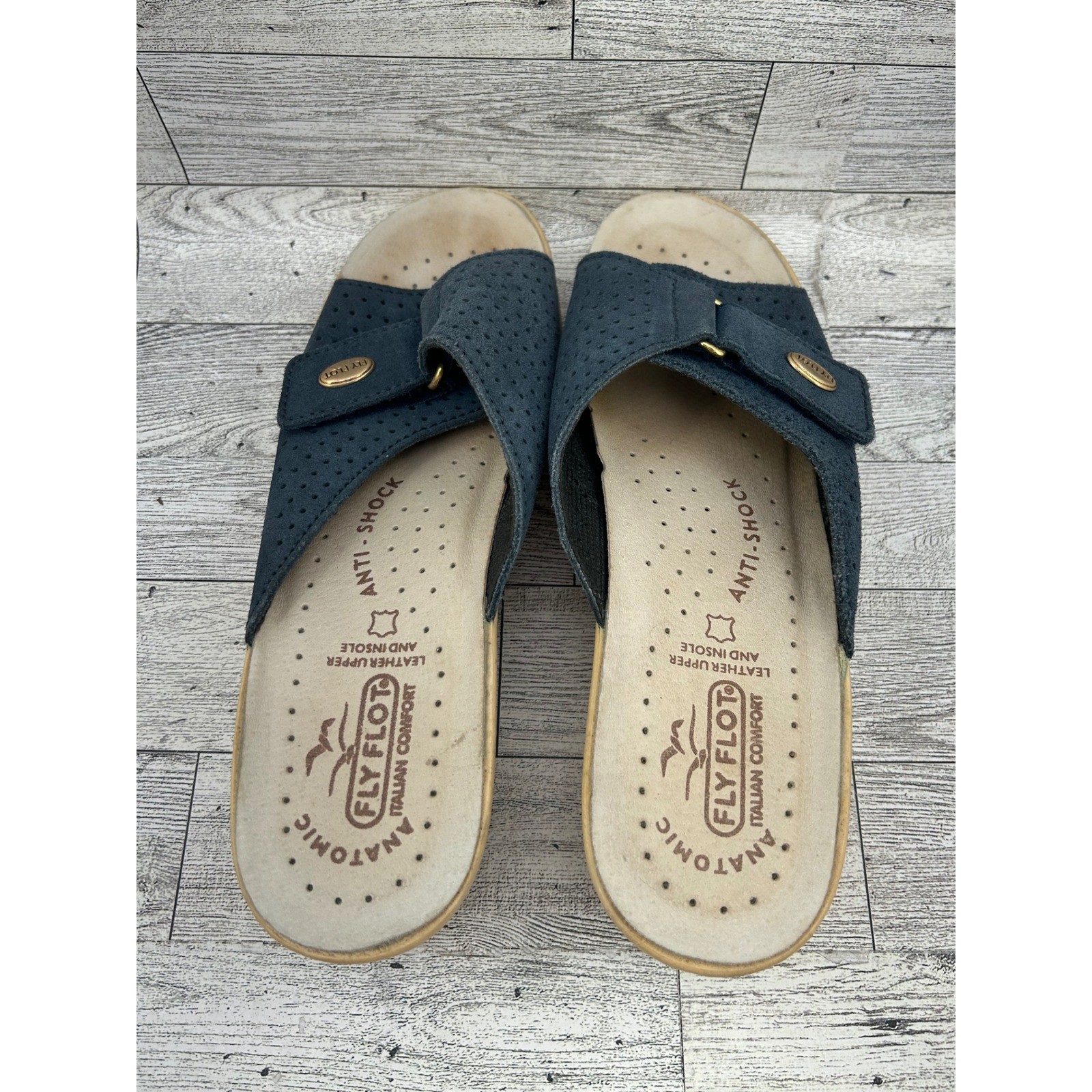 FLY FLOT Women Navy Blue Leather Perforated Slide Sandals Comfort Sz EU 39 US 8