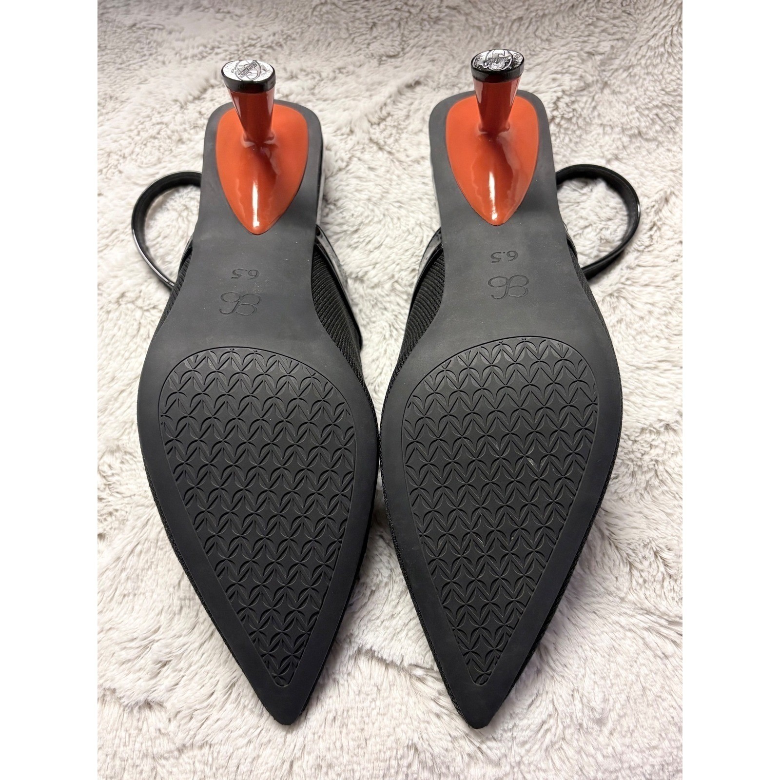 Cosy Island Knit Fabric Black Pointed Toe Slingback Heels Orange Stiletto Sz 6.5