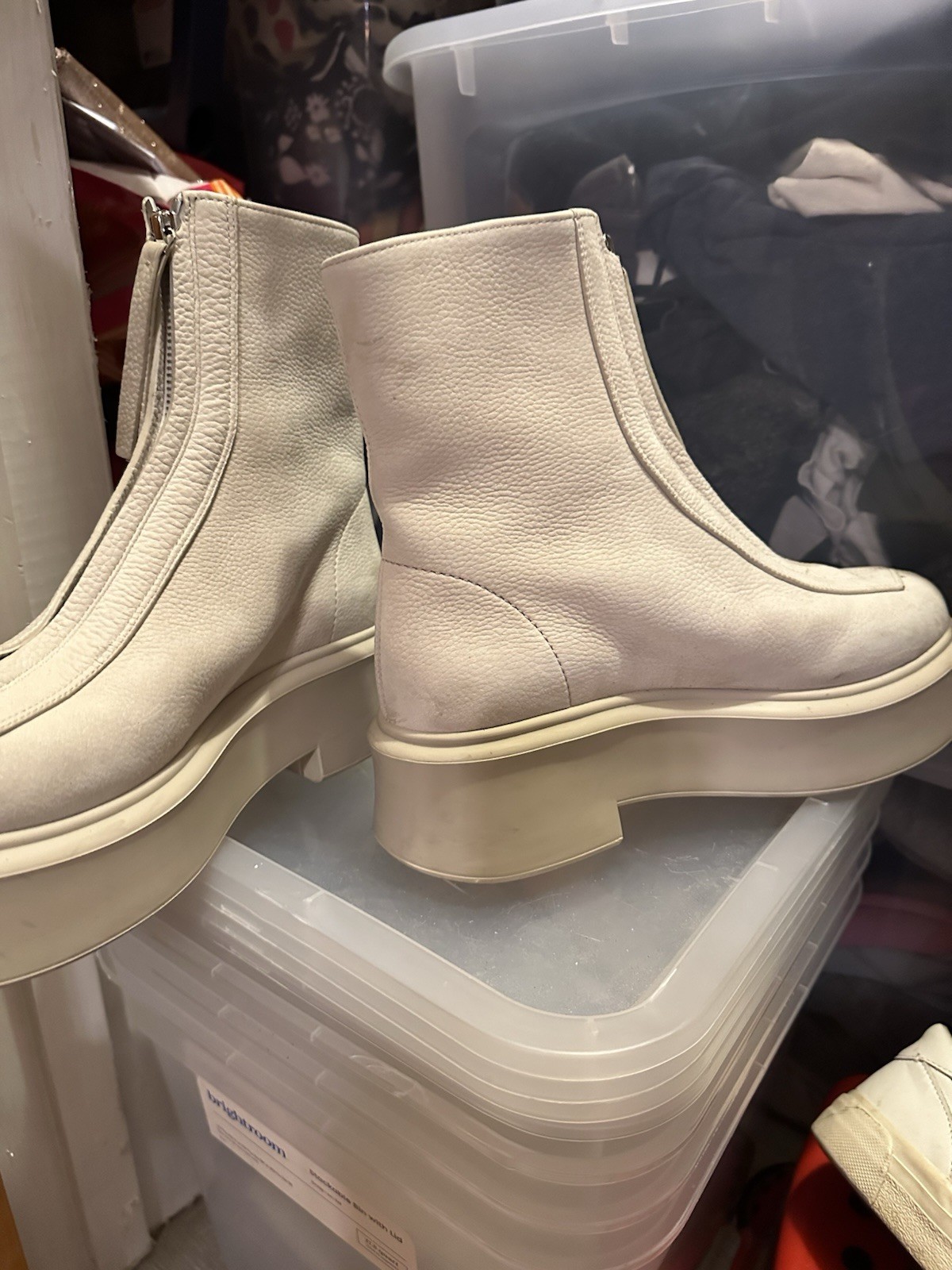 The Row Nubuck Leather Platform Ankle Boot Front Zip Round Toe Block Heel 7.5