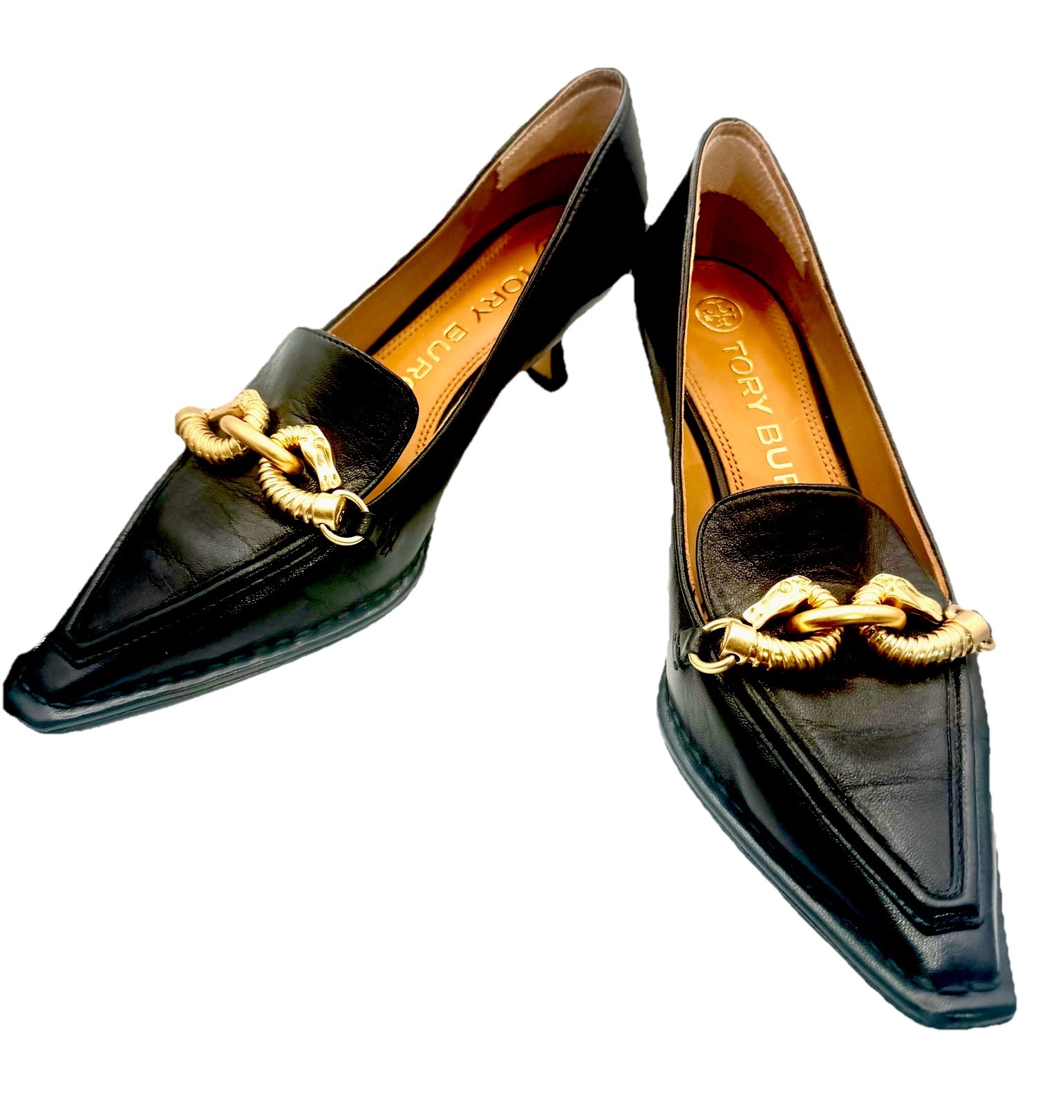 Tory Burch Jessa Black Leather Pumps Gold Horse Head Accents Pointed Toe 6M