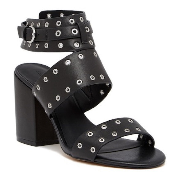 Rebecca Minkoff Black Carter Grommet Chunky Block 3.5″ Heel Sandal Size 6.5