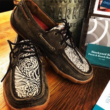 Twisted X Women’s Brown and Floral Embossed Boat Shoe Driving Moc SMUWDM53