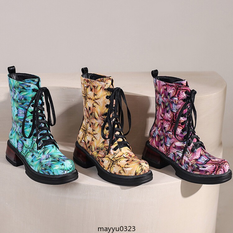 Women’s Mid Cuban Heel Ankle Boots Knight Printed Casual Lace Up Winter Shoes