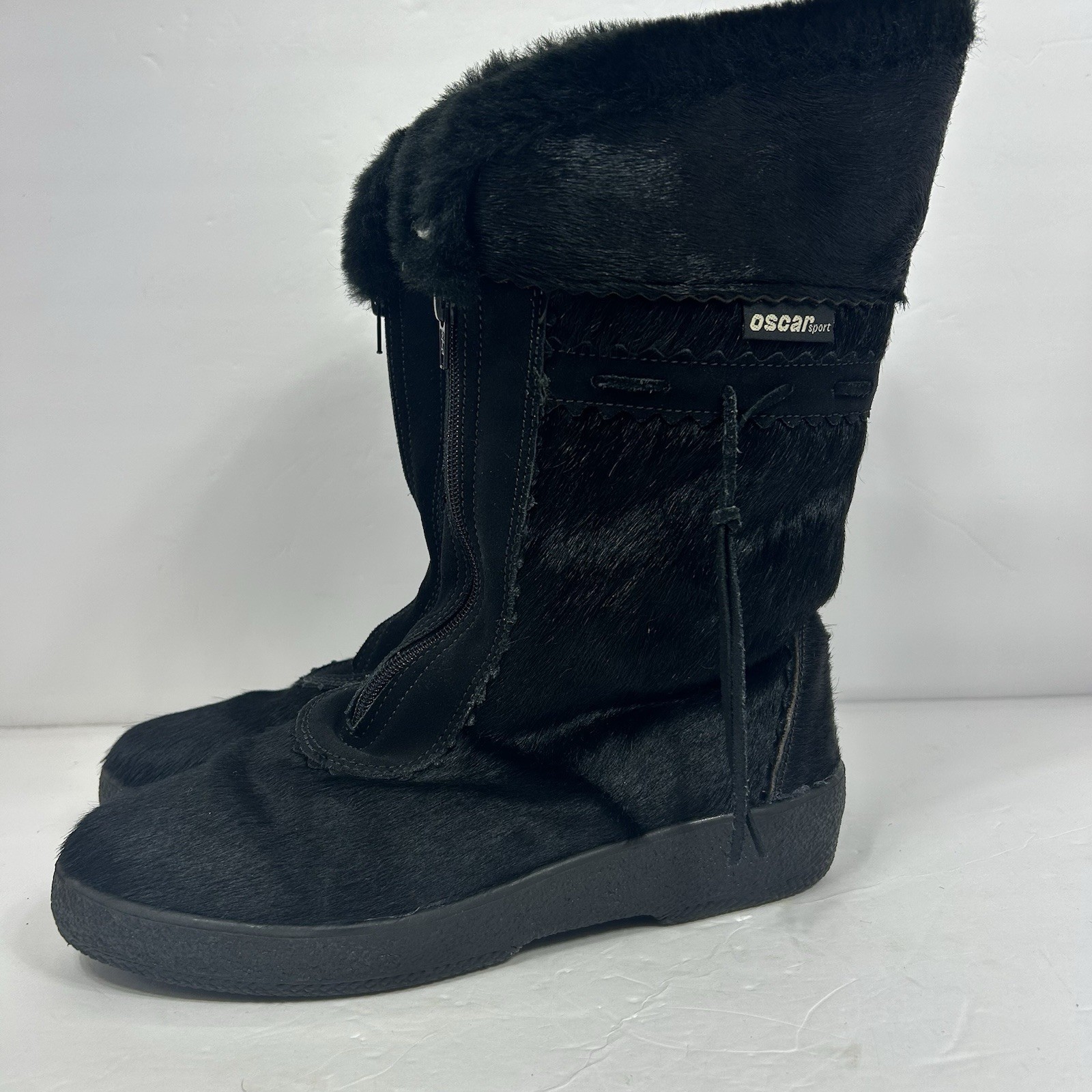 Oscar Sport Christina Black Fur Boots 41/10 Zip Apres-Ski Italian Winter Pull On