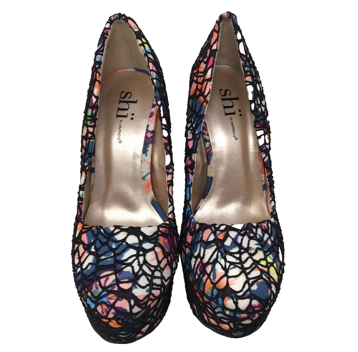 Shi by Journeys Women’s Twisted Floral Web Platform Heels Blk/Multi Size:6 101M