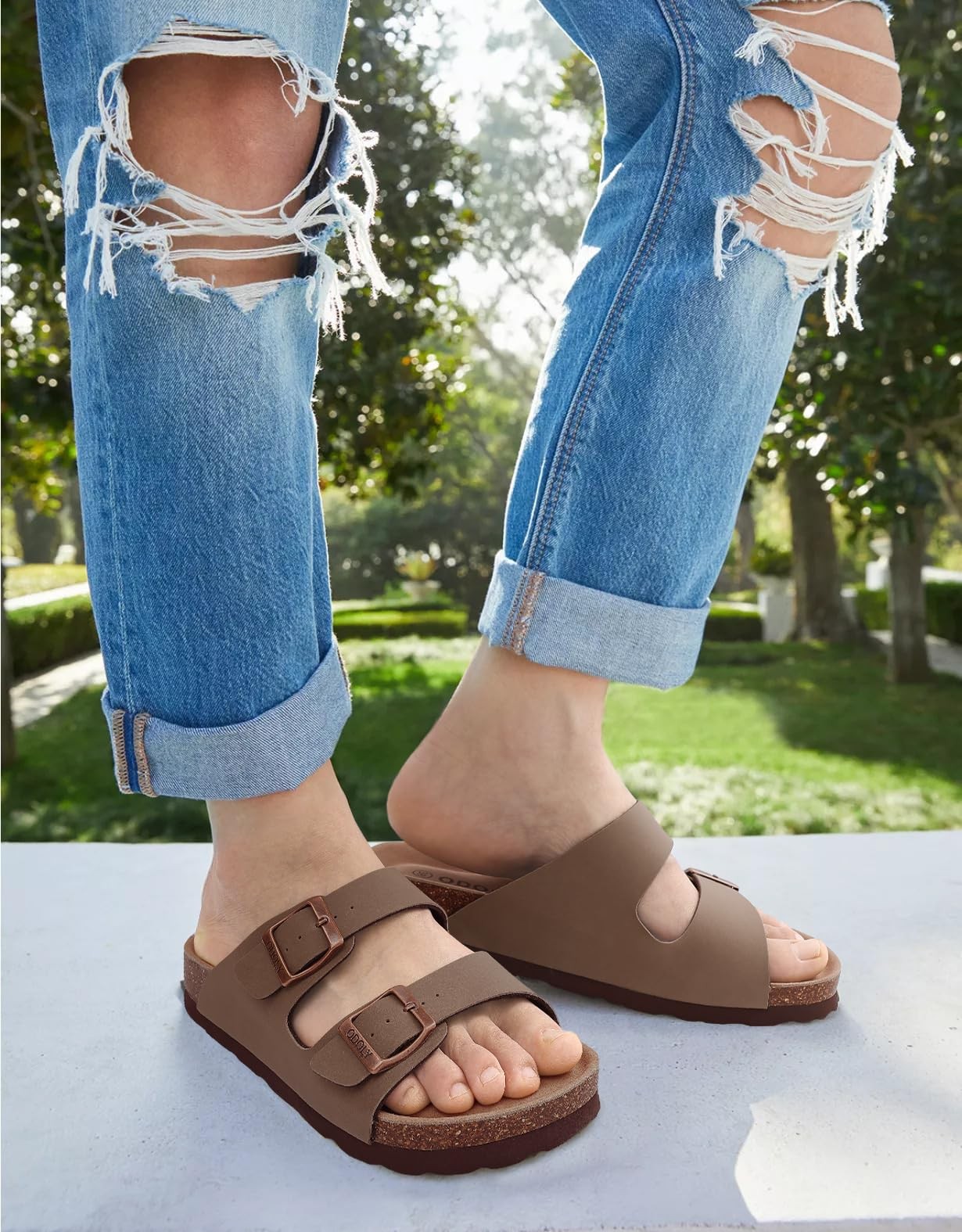 ODOLY Unisex Cork Footbed Slide Sandal, Arch 8-8.5 Women/6.5-7 Men, Brown
