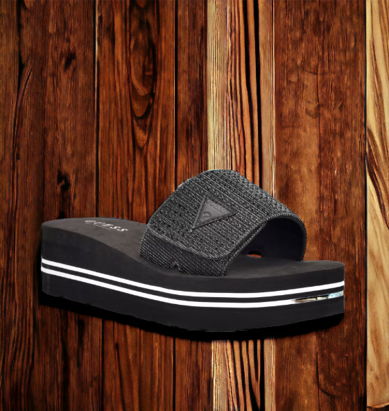 NEW WOMENS GUESS BLACK ABET SLIDES LOGO FLIP FLOPS WEDGE PLATFORM 5,6,7,8,9,10
