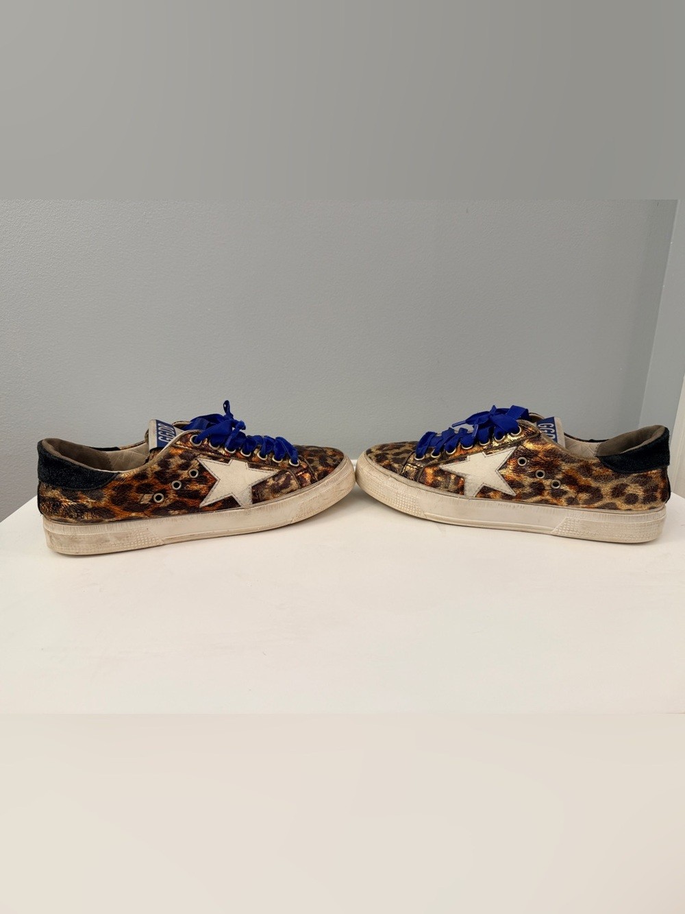 Golden Goose Deluxe Brand Leopard Sneakers with Royal Blue Laces 37