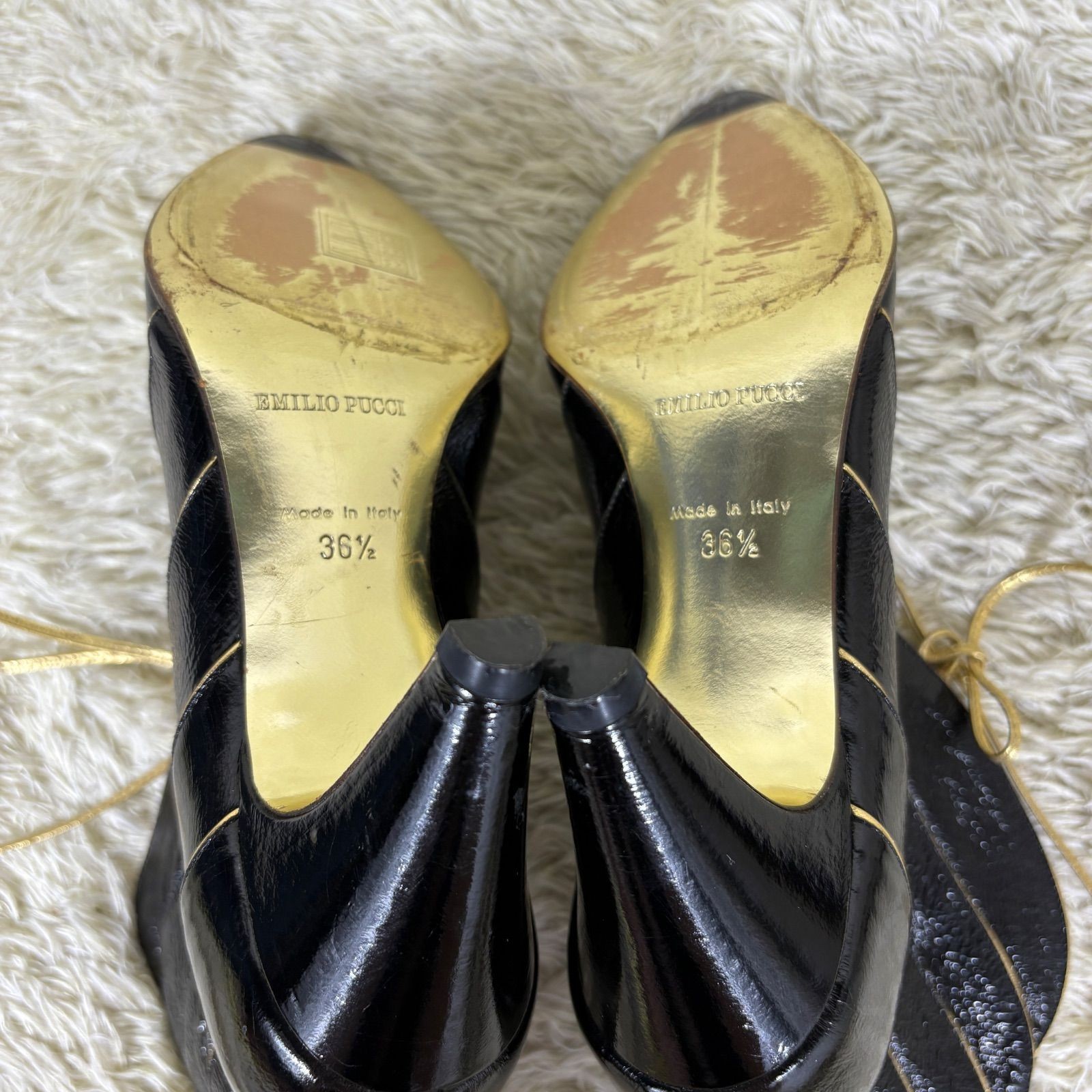 Emilio Pucci Booties Patent Leather Black Bow Pointed Toe EU36.5