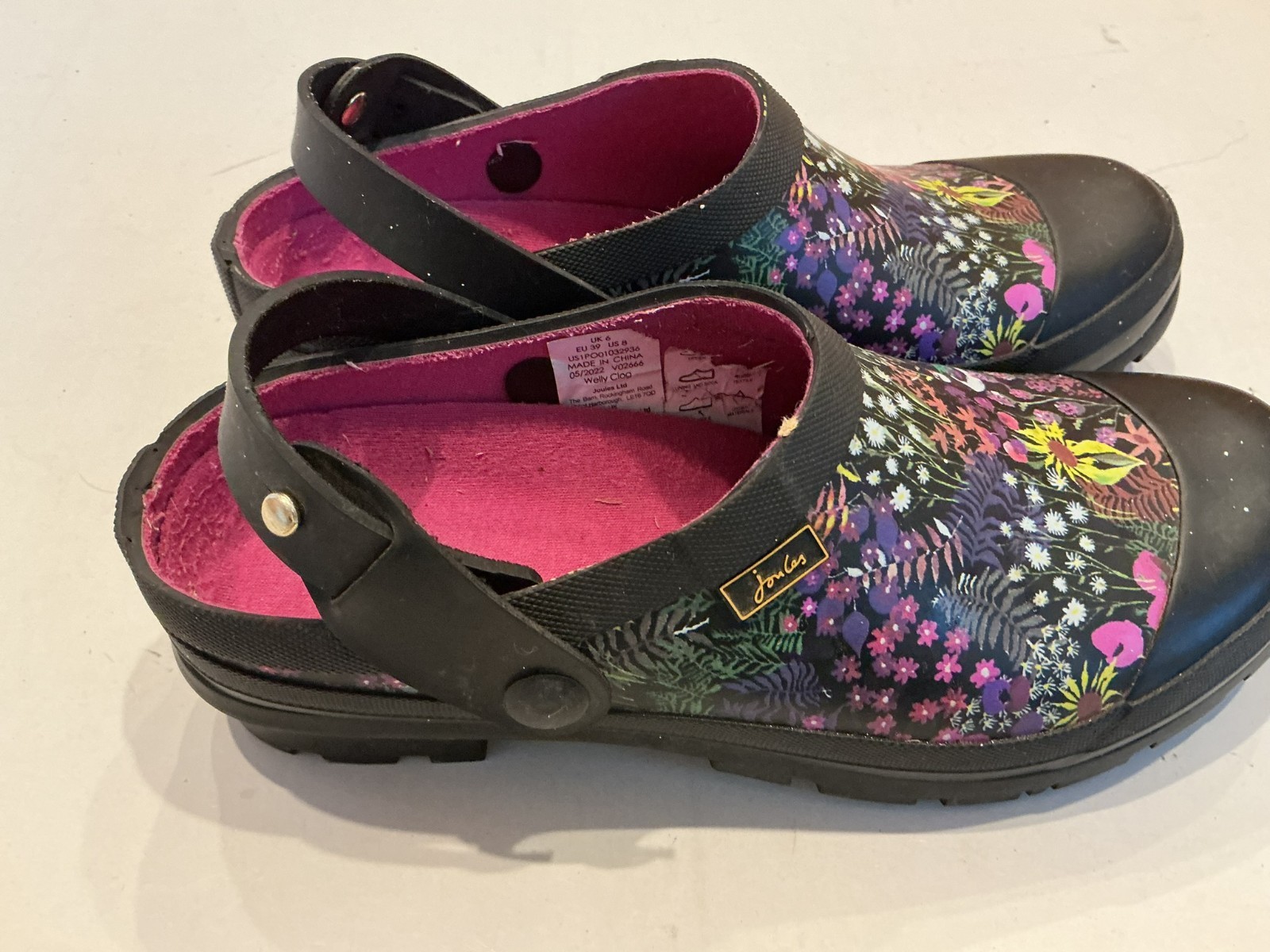 Joules Welly Clogs Size 8 Sling Back Black Ditsy Floral Garden Rain Pre-owned