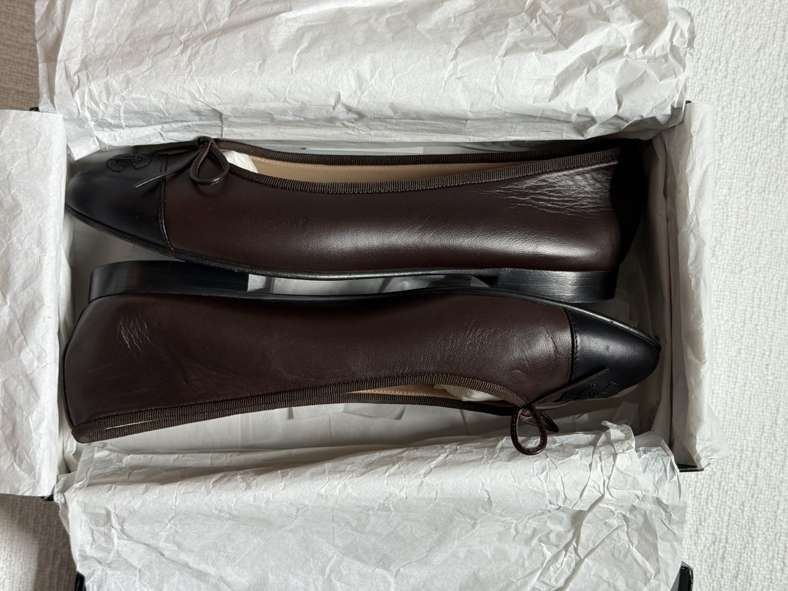 CHANEL Ballet Flats, Brown & Black Lambskin CC Cap Toe (G02819 X01000) w/ Box